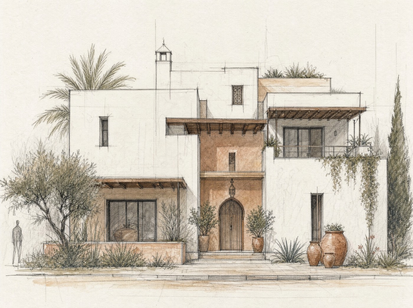 Esquisse d'élévation d'une villa contemporaine à la mine de plomb et lavis