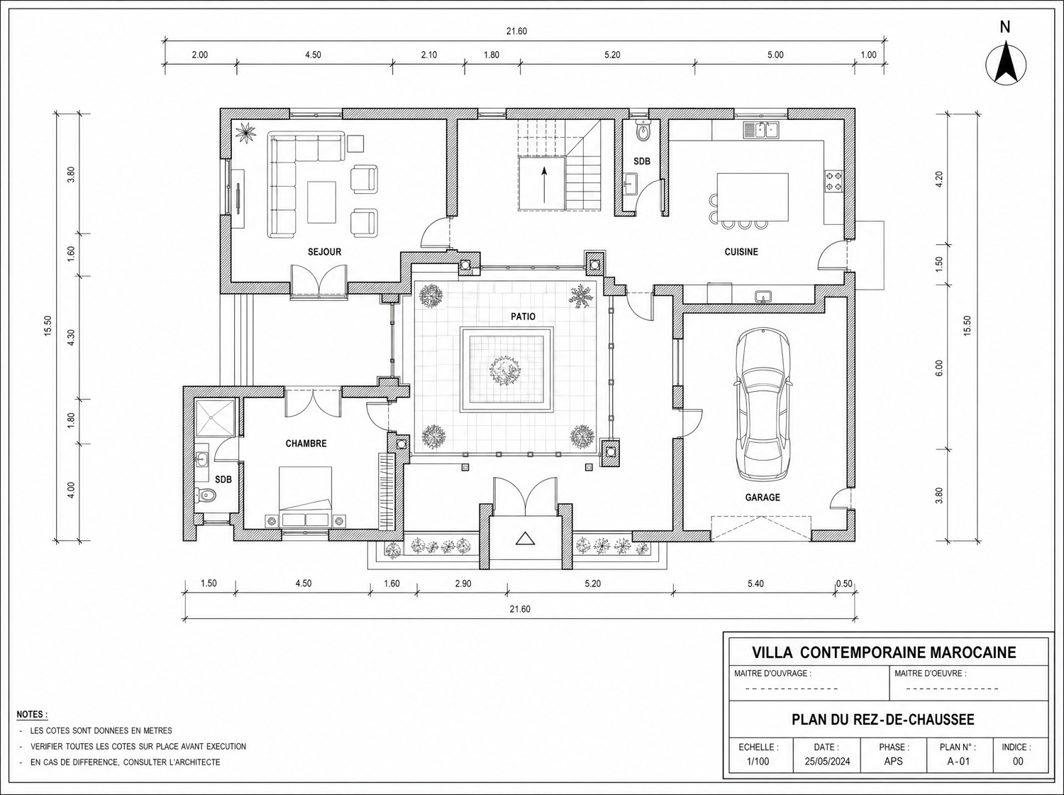 Plan de rez-de-chaussée coté d'une villa contemporaine marocaine